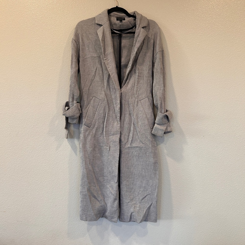 Topshop Grey Plisse Textured Duster Coat Longline‎ Snap Button Women's Size 4